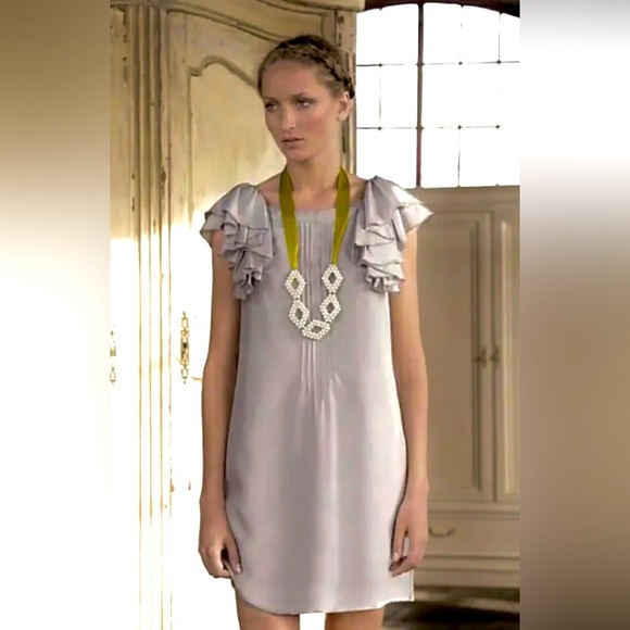 Floreat Anthropologie Gray Silver Silk Ruffle Sleeve Shift Dress Sz 4 Pintuck. - Picture 1 of 15